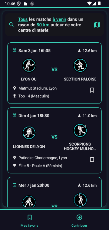 Liste des matchs à venir